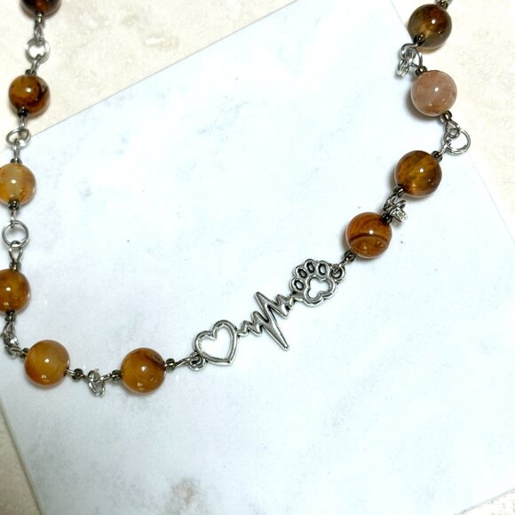 Genuine Earthy Carnelian Agate Short Necklace, Gemstone & Paw Print Heart Beat - Picture 5 of 15